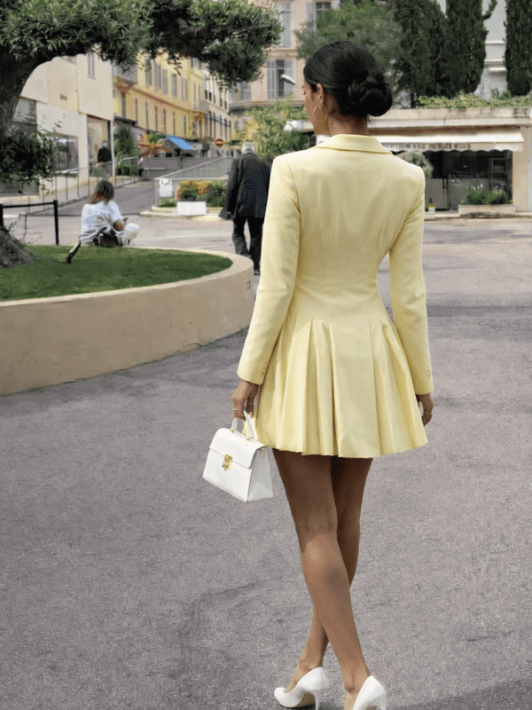 Style Cheat Katie Lemon Yellow Pleated Blazer Dress