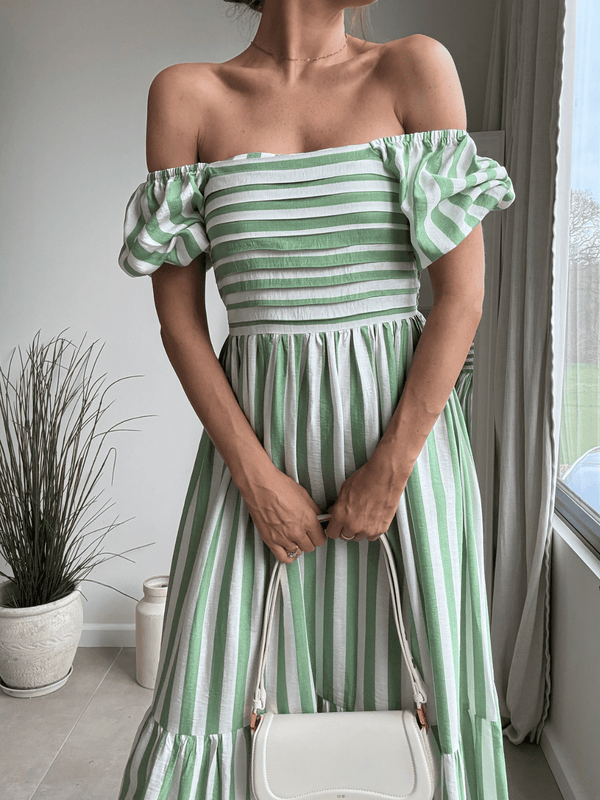 Style Cheat Leighton Puff Sleeve Midi Dress In Green Stripe