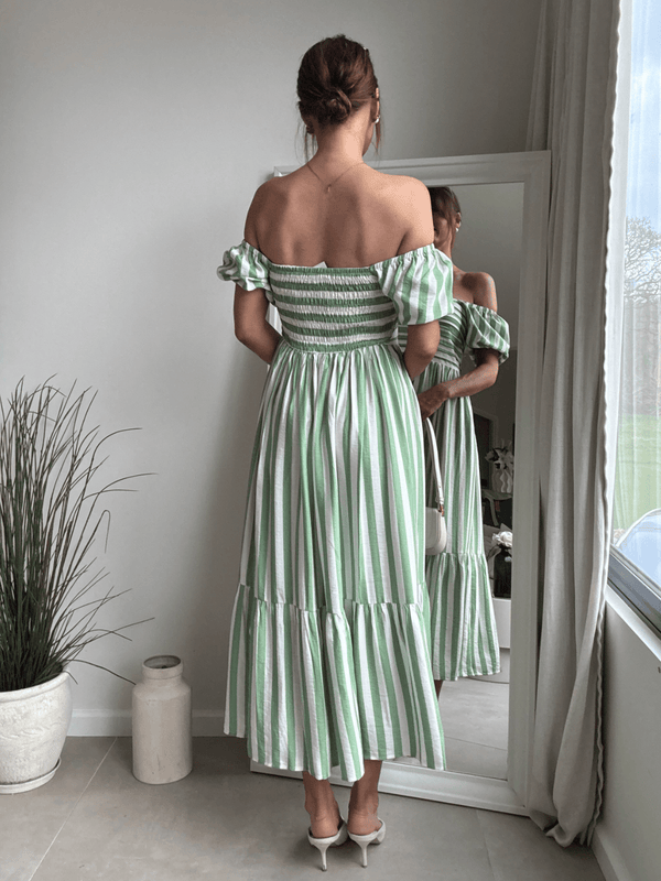 Style Cheat Leighton Puff Sleeve Midi Dress In Green Stripe