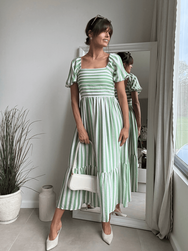style cheat Leighton Puff Sleeve Midi Dress in Green Stripe