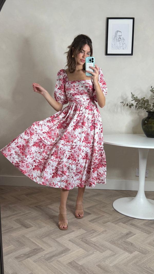 Style Cheat Leighton Puff Sleeve Midi Dress In Pink Floral
