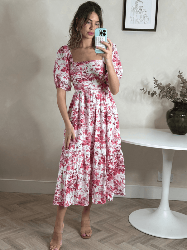 style cheat Leighton Puff Sleeve Midi Dress in Pink Floral