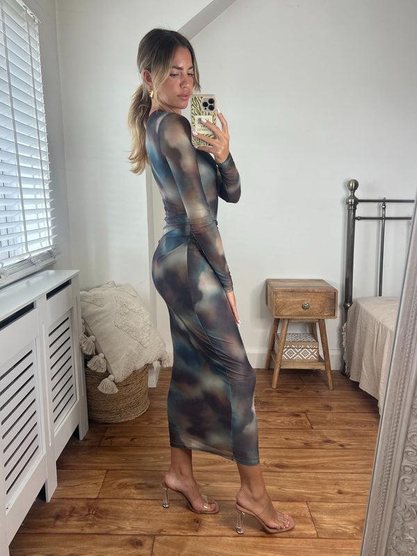 Style Cheat Maeva Mesh Long Sleeve Midi Dress In Green Ombre