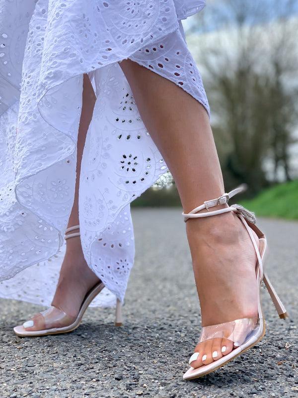 Style Cheat Marilyn Sparkly Bow Detail Perspex High Heels In Nude