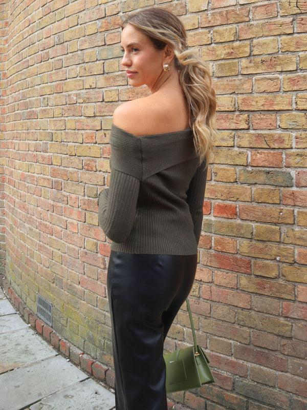 Style Cheat Morgan Asymmetric Knitted Jumper In Khaki