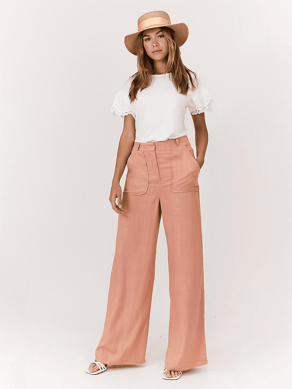 Style Cheat Nikki Peach High Waist Linen Blend Wide Leg Trousers