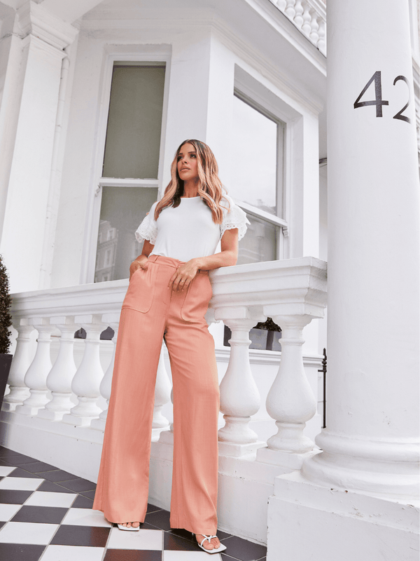 style cheat Nikki Peach High Waist Linen Blend Wide Leg Trousers