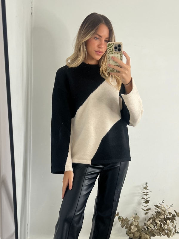 Style Cheat Odette Brushed Wool Colourblock Jumper In Stone & Black