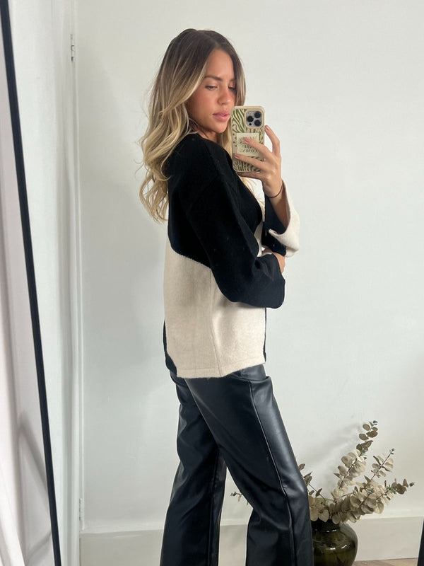 Style Cheat Odette Brushed Wool Colourblock Jumper In Stone & Black
