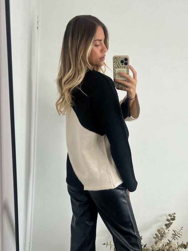 Style Cheat Odette Brushed Wool Colourblock Jumper In Stone & Black