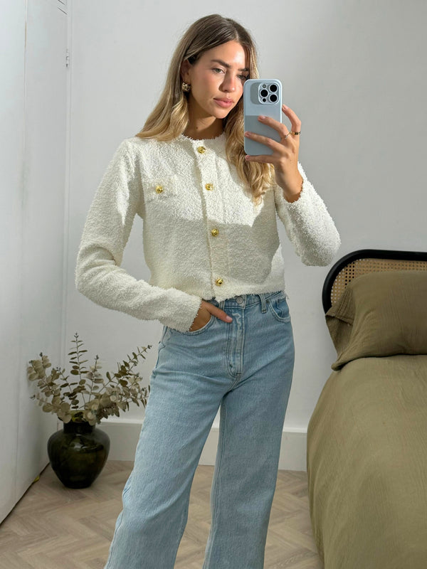 Style Cheat Penny Popcorn Knitted Cardigan In Cream