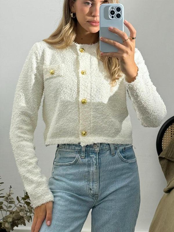 style cheat Penny Popcorn Knitted Cardigan in Cream