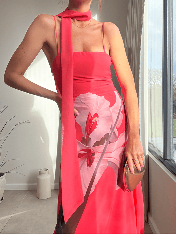 Style Cheat Peony Soft Satin Maxi With Scarf In Pink