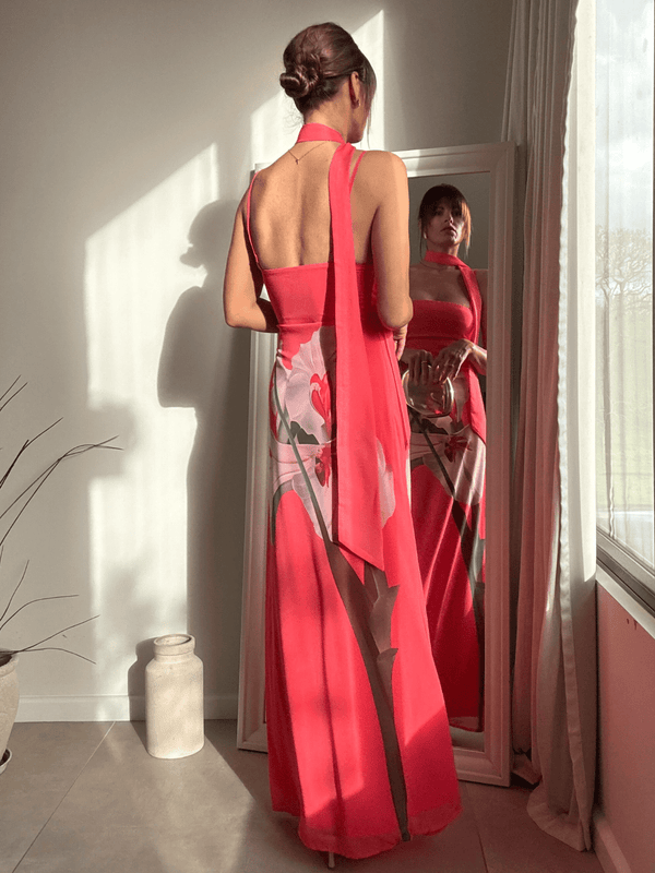 Style Cheat Peony Soft Satin Maxi With Scarf In Pink