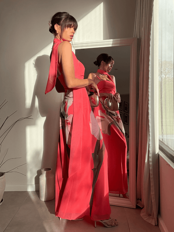 Style Cheat Peony Soft Satin Maxi With Scarf In Pink