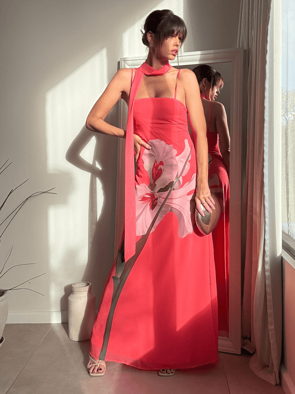 style cheat Peony Soft Satin Maxi with Scarf in Pink