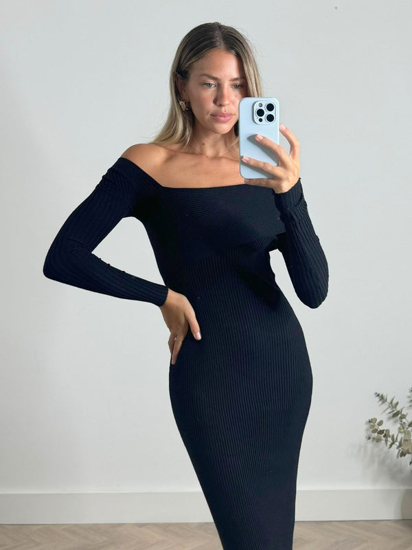 Style Cheat Polly Asymmetric Knitted Dress In Black