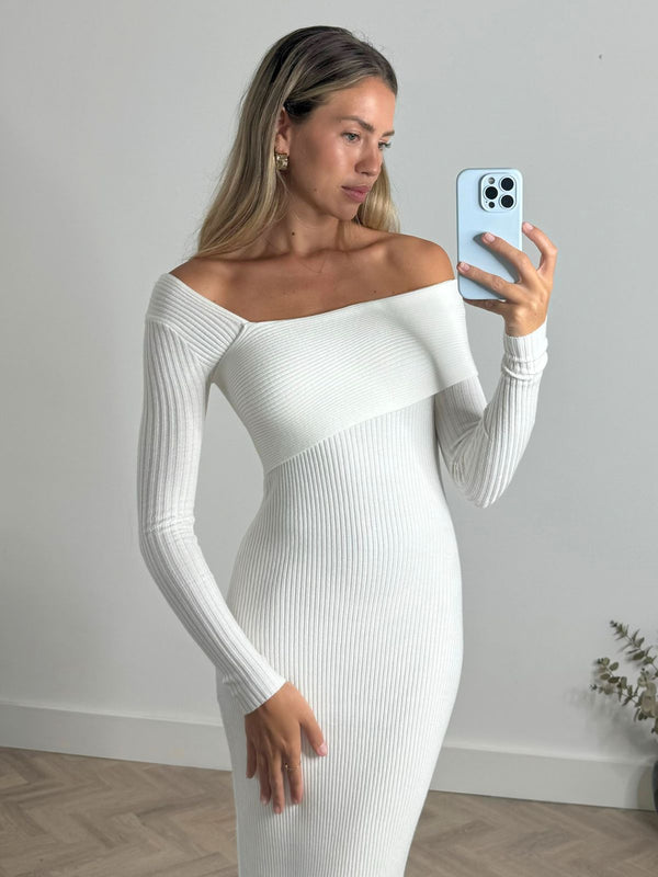 Style Cheat Polly Asymmetric Knitted Dress In Cream