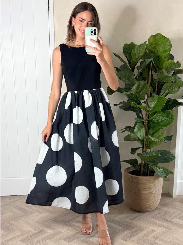 style cheat Rhoda Black and White Polka Dot Midi Dress