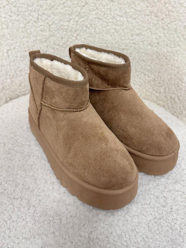 style cheat Rowan Faux Fur Lined Suede Platform Ankle Boots in Camel