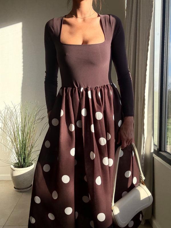 Style Cheat Sadie Chocolate Brown And Cream Polka Dot Long Sleeve Midi Dress