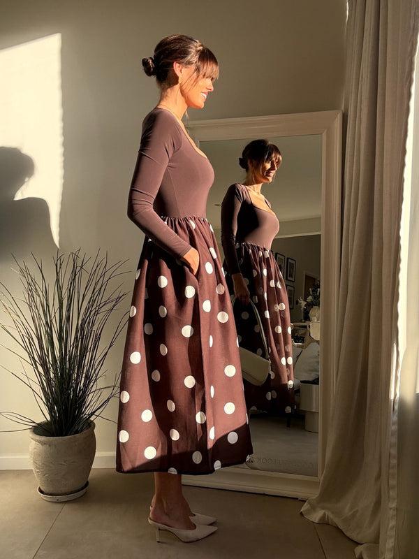 Style Cheat Sadie Chocolate Brown And Cream Polka Dot Long Sleeve Midi Dress