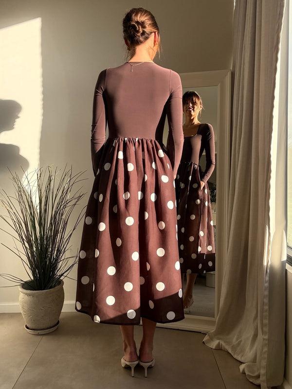 Style Cheat Sadie Chocolate Brown And Cream Polka Dot Long Sleeve Midi Dress