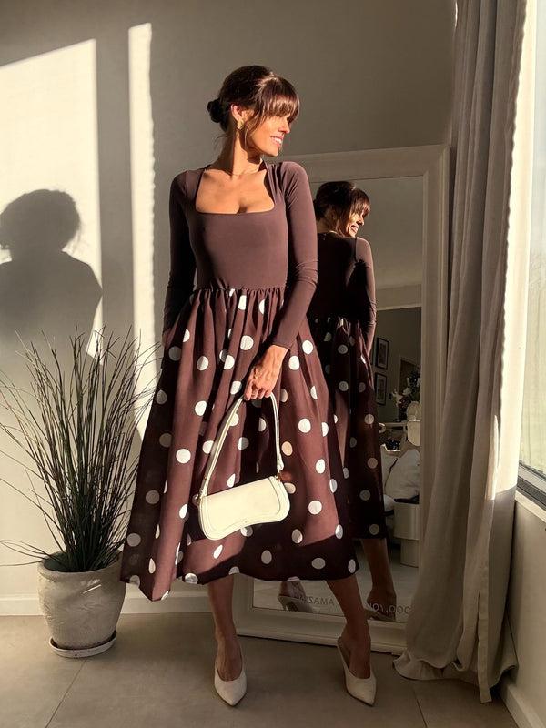style cheat Sadie Chocolate Brown and Cream Polka Dot Long Sleeve Midi Dress