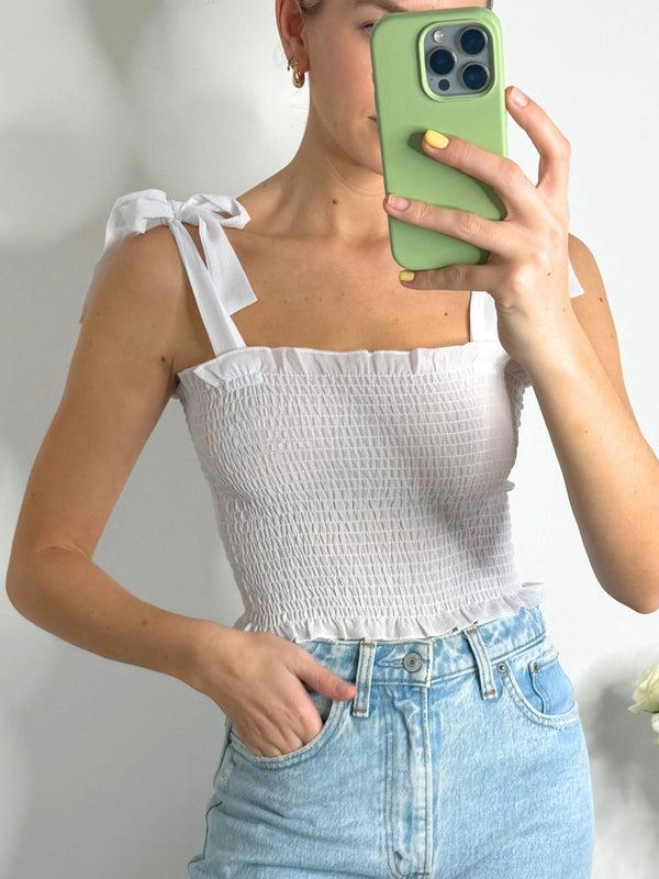 Style Cheat Sami Tie Shoulder Shirred Crop Top In White
