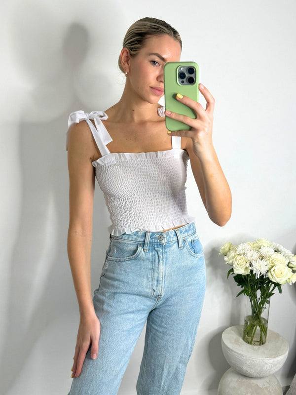 style cheat Sami Tie Shoulder Shirred Crop Top in White