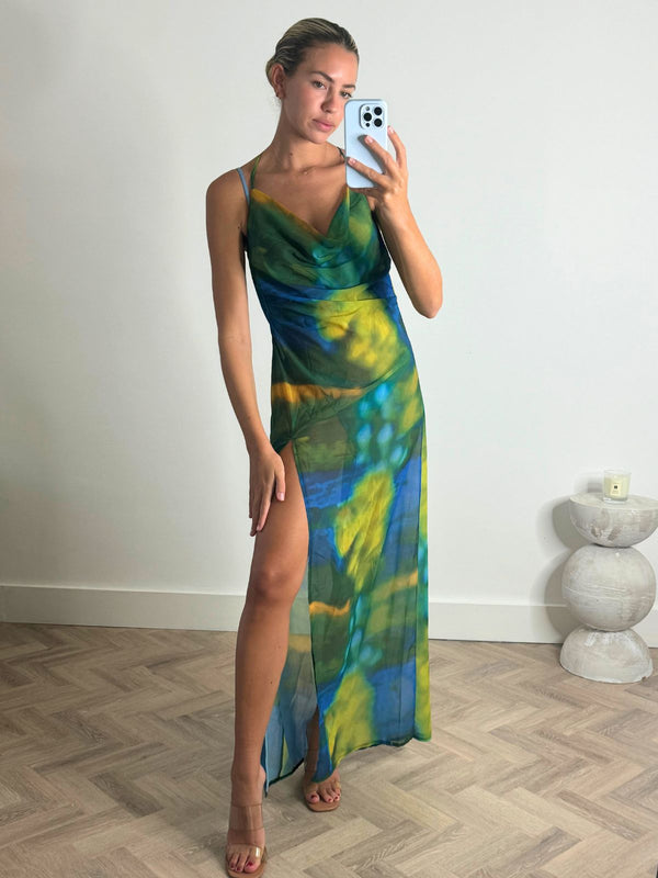 Style Cheat Sanchia Cowl Neck Maxi Dress In Blue And Green