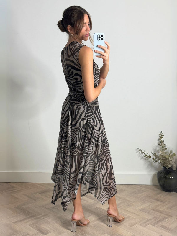 Style Cheat Senna V Neck Ruched Mesh Dress In Zebra