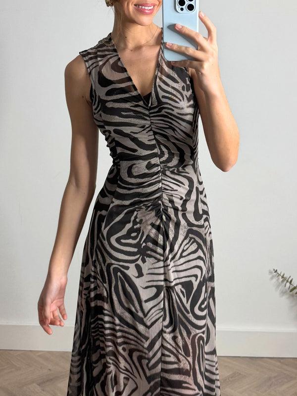 Style Cheat Senna V Neck Ruched Mesh Dress In Zebra