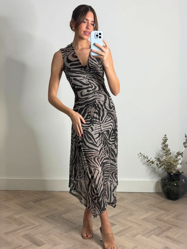 style cheat Senna V Neck Ruched Mesh Dress in Zebra