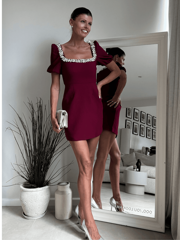 Style Cheat Sloane Puff Sleeve Embellished Trim Dress