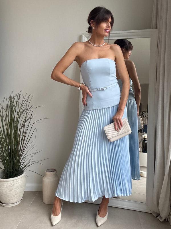 style cheat Anna Bandeau Pleat Dress in Baby Blue