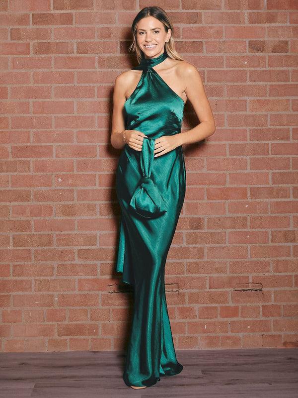 Style Cheat Asymmetric Scarf Satin Maxi Dress