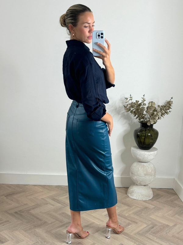 Style Cheat Brielle Pu Midi Skirt In Teal