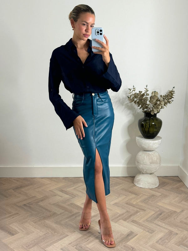 Style Cheat Brielle Pu Midi Skirt In Teal