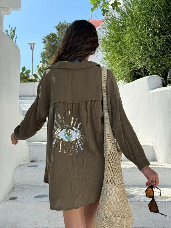 Style Cheat Cleo Eye Sequin Back Beach Shirt