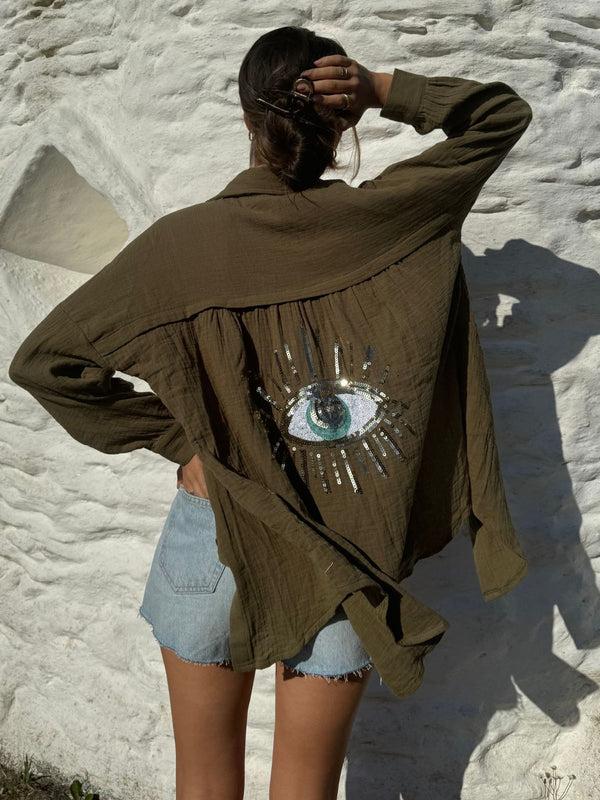 Style Cheat Cleo Eye Sequin Back Beach Shirt