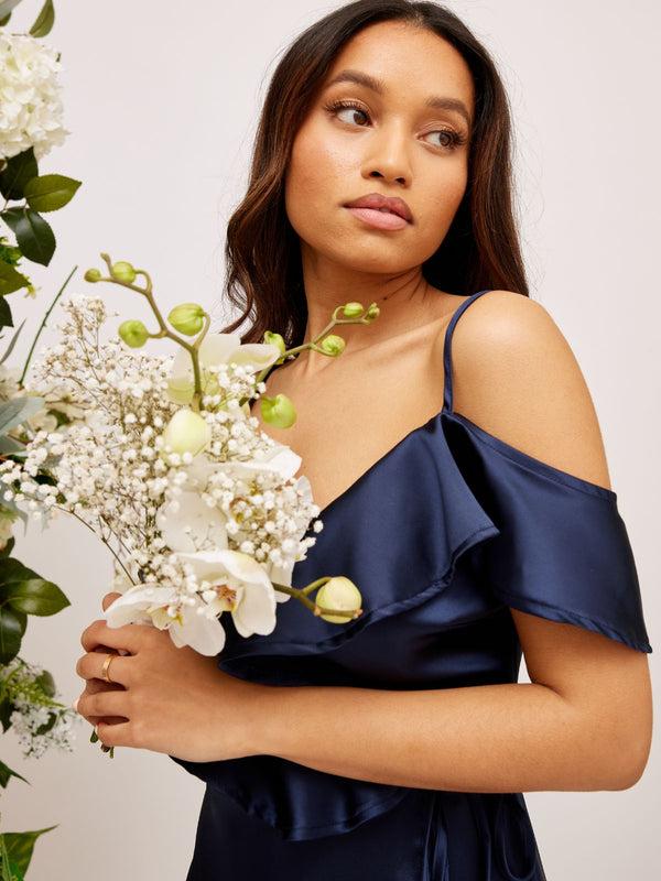 Style Cheat Cold Shoulder Midi Wrap Satin Dress