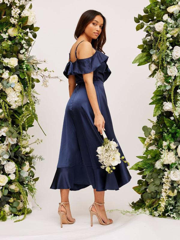 Style Cheat Cold Shoulder Midi Wrap Satin Dress