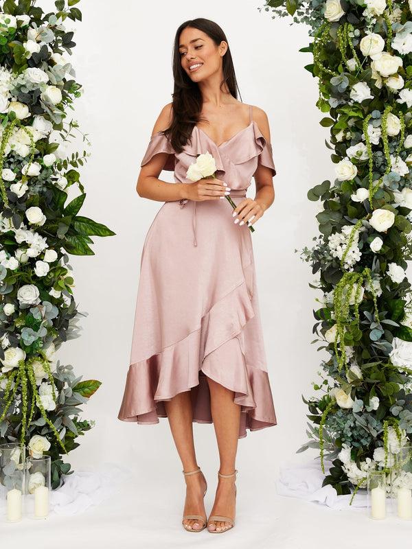 Style Cheat Cold Shoulder Midi Wrap Satin Dress