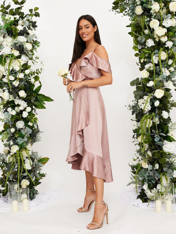 Style Cheat Cold Shoulder Midi Wrap Satin Dress