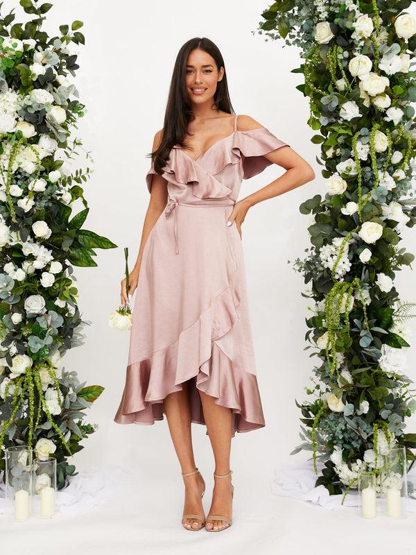 style cheat Cold Shoulder Midi Wrap Satin Dress