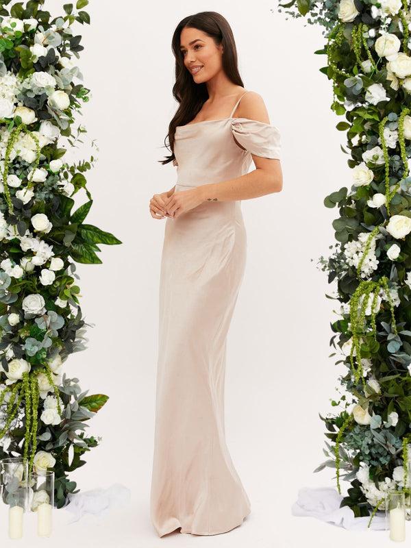 Style Cheat Cowl Neck Maxi Satin Bridesmaid Dress
