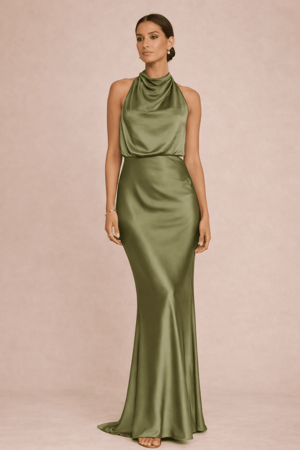 style cheat Drape Neck Maxi Satin Dress