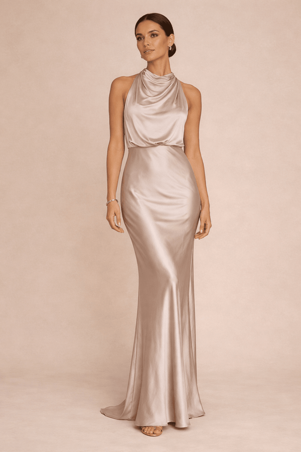 style cheat Drape Neck Maxi Satin Dress