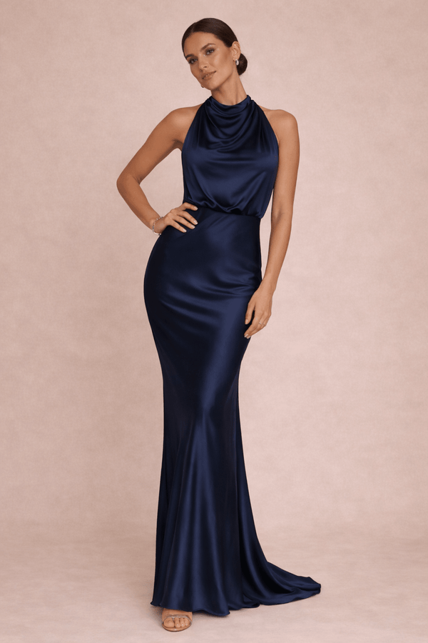 style cheat Drape Neck Maxi Satin Dress